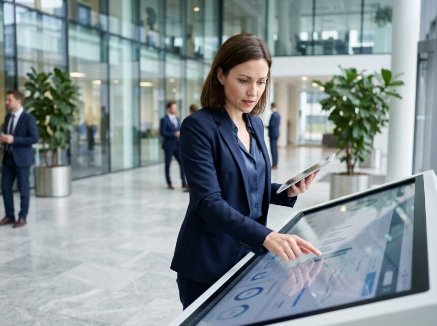 Femme en costume professionnel interagissant avec un grand écran digital dans un lobby moderne