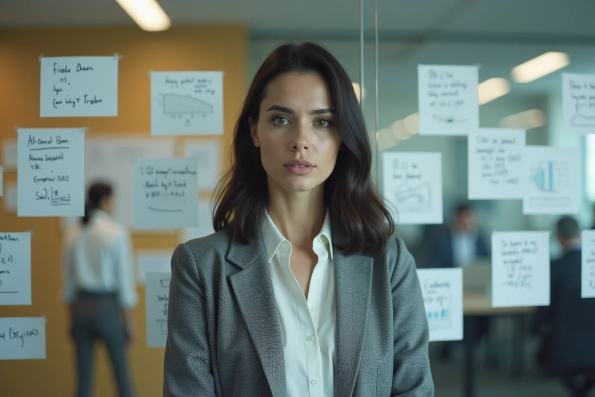 Femme analyste examinant un tableau de preuves sur une arnaque d'investissement dans un bureau moderne
