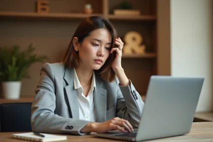 Femme entrepreneur consultant un guide numérique sur son ordinateur portable dans un bureau moderne à domicile