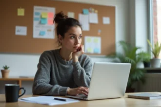 Femme concentrée étudiant sur un laptop dans un bureau moderne