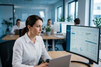 Femme professionnelle analysant une plateforme de facturation électronique sur ordinateur dans un bureau moderne
