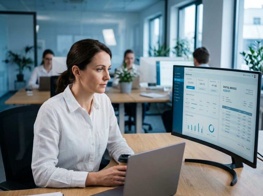 Femme professionnelle analysant une plateforme de facturation électronique sur ordinateur dans un bureau moderne