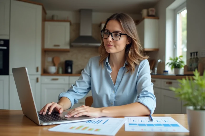 Femme d'affaires regardant des graphiques financiers à la maison