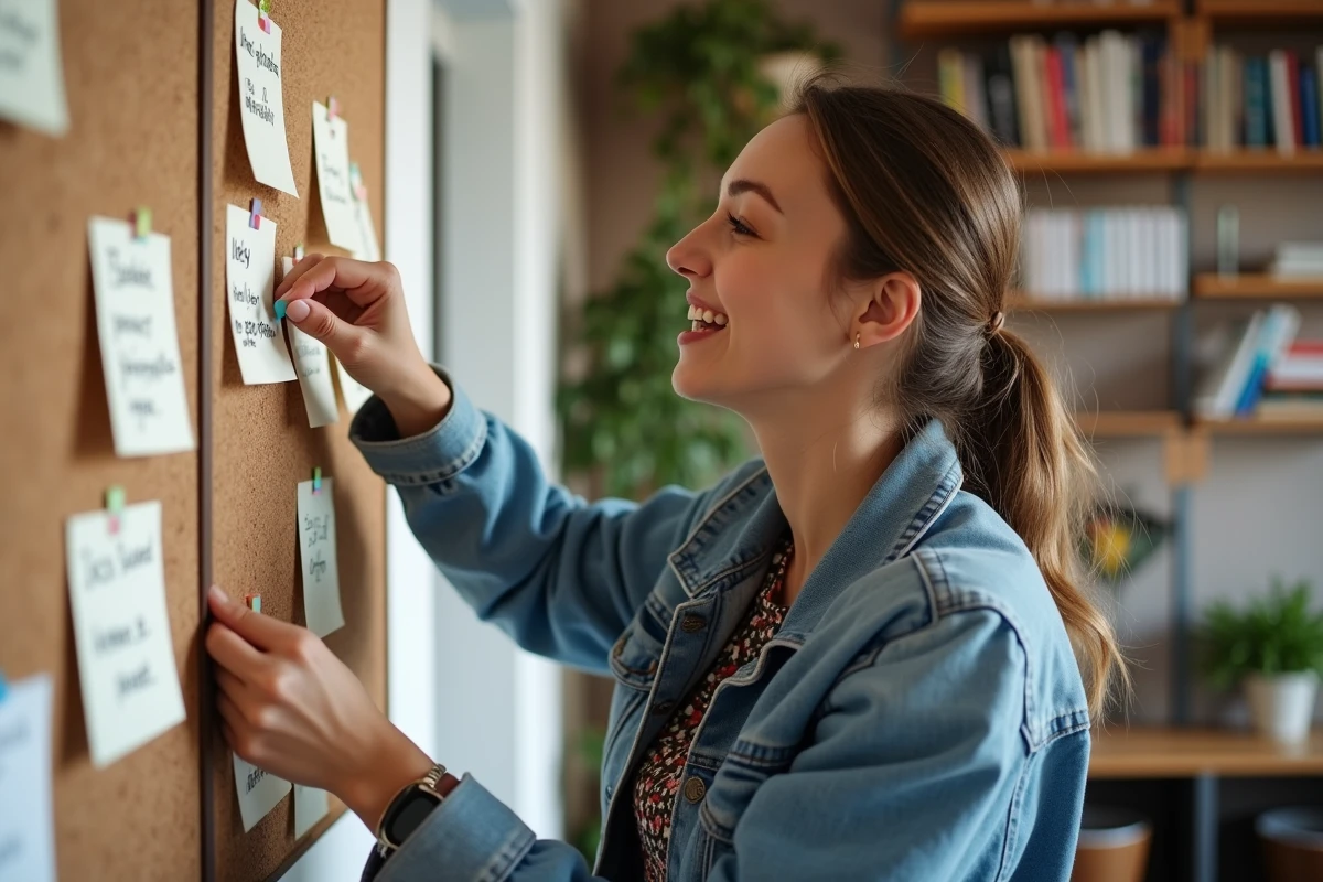 Jeune femme pinçant une note sur un tableau d