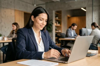 Femme consultante indépendante travaillant dans un espace de coworking, illustrant le portage salarial comme solution pour les freelances