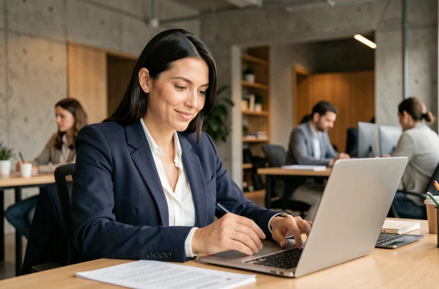 Femme consultante indépendante travaillant dans un espace de coworking, illustrant le portage salarial comme solution pour les freelances