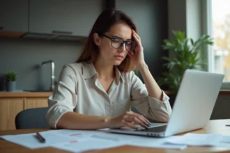 Femme inquiète utilisant un ordinateur dans la cuisine