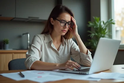 Femme inquiète utilisant un ordinateur dans la cuisine