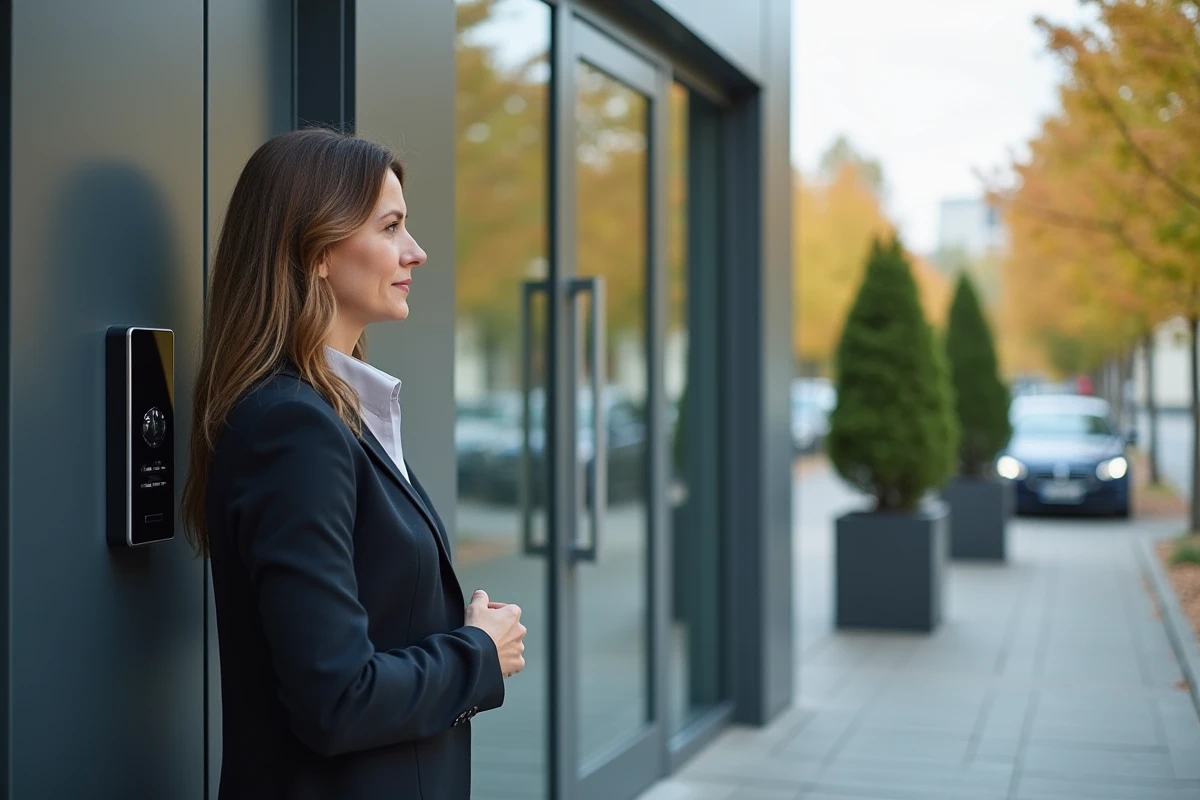 Femme utilisant un interphone à l entrée de Dassault