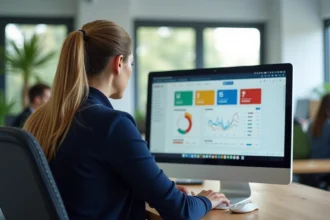 Femme utilisant l'intranet MFR sur un ordinateur de bureau dans un open space moderne