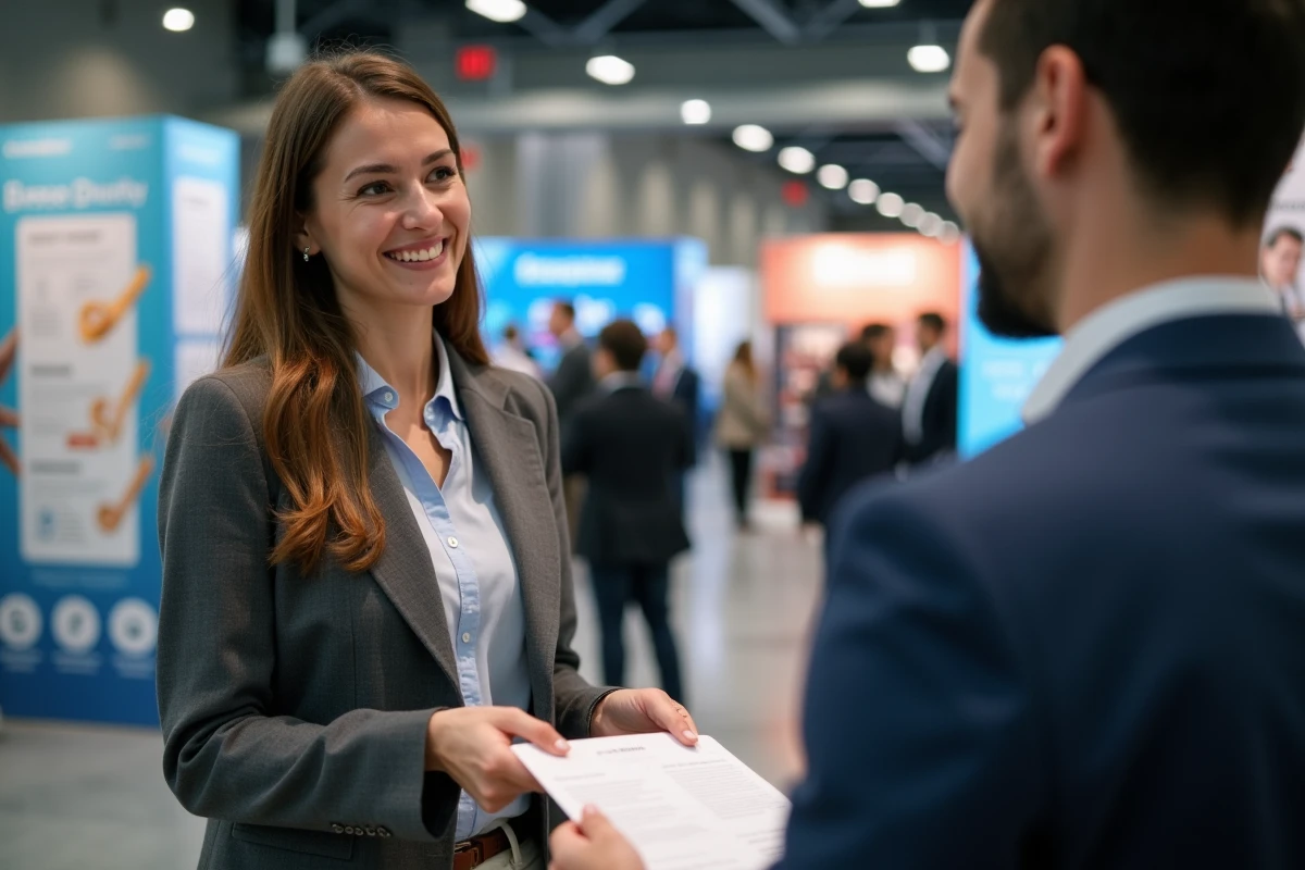Femme souriante échangeant un CV lors d’un salon de l’emploi