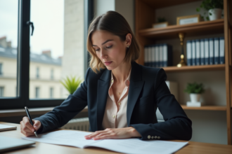 Femme en blazer lisant des documents dans un bureau moderne