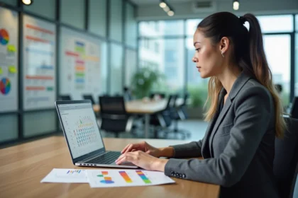 Femme en business construisant une matrice McKinsey sur un ordinateur