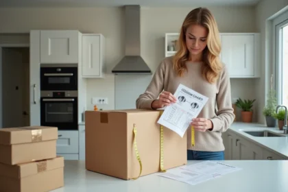 Femme mesurant un colis dans une cuisine moderne