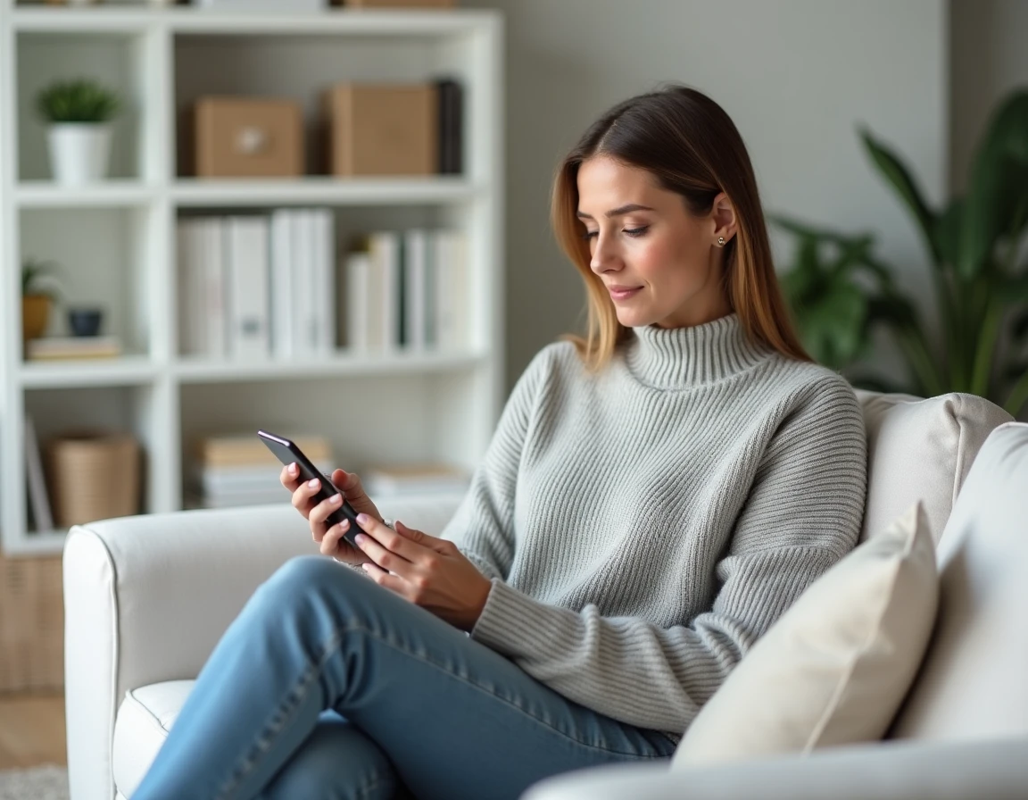 Femme naviguant sur une application de marketplace depuis son canapé à domicile