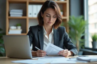 Femme concentrée organisant des articles dans un bureau professionnel