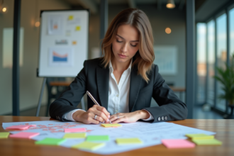 Femme organisée arrangeant des notes colorées sur un bureau moderne