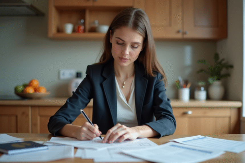 Jeune femme triant des papiers importants à la maison
