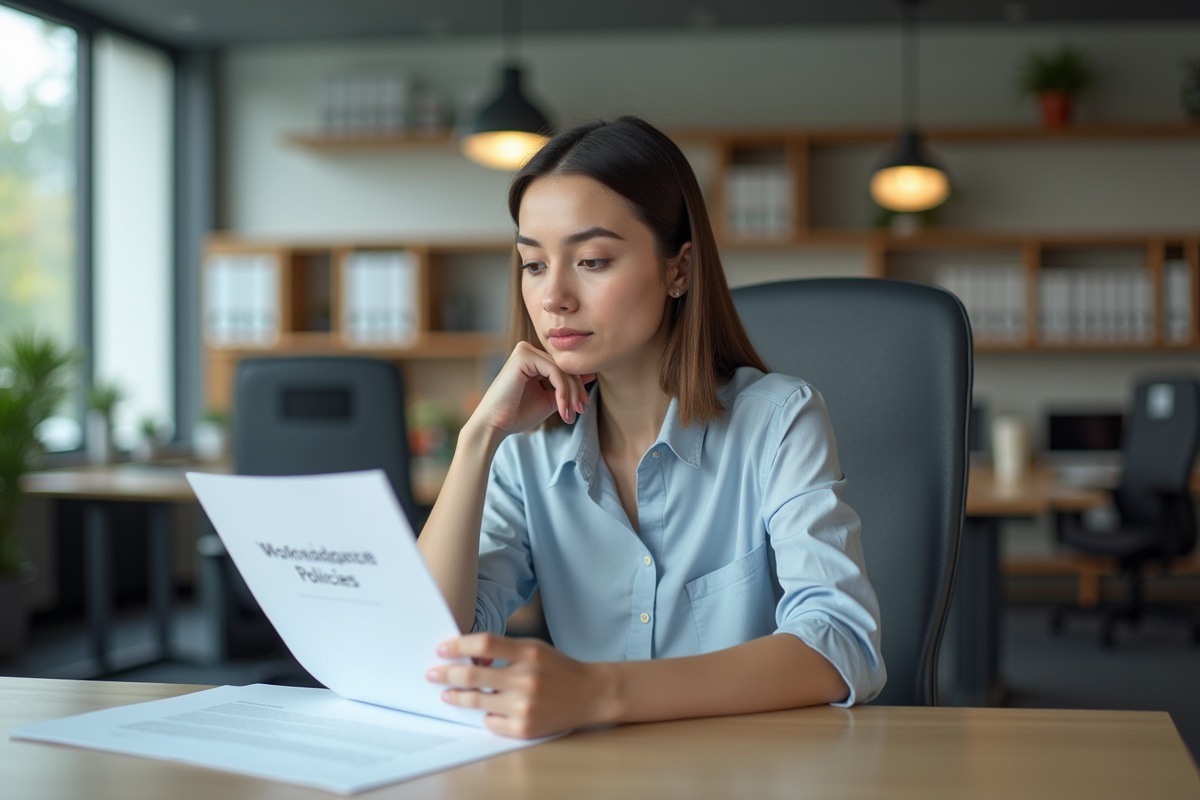 Jeune femme au bureau regardant un document
