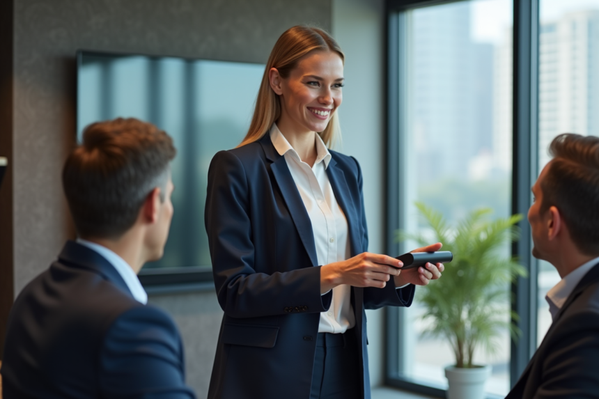 Jeune femme en réunion présentant un gadget technologique