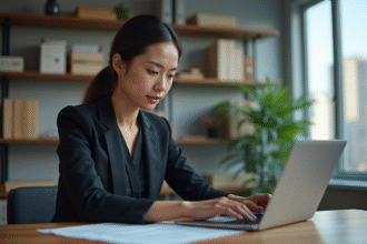 Femme professionnelle concentrée sur un formulaire en ligne
