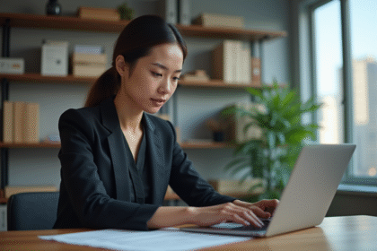 Femme professionnelle concentrée sur un formulaire en ligne