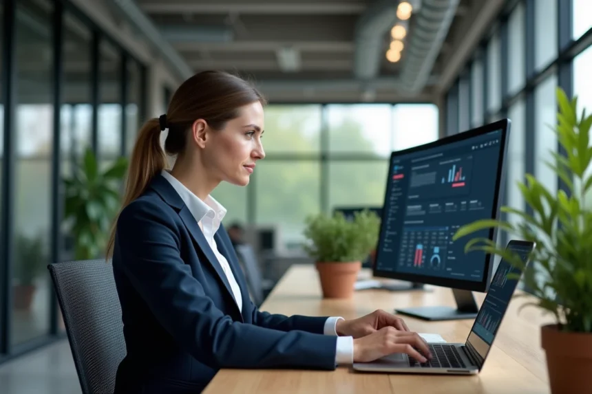 Femme professionnelle en bureau moderne avec ordinateur et dashboard
