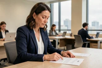 Femme professionnelle relisant une lettre formelle à son bureau dans un open-space moderne, illustrant les formules de politesse correctes en correspondance d'entreprise