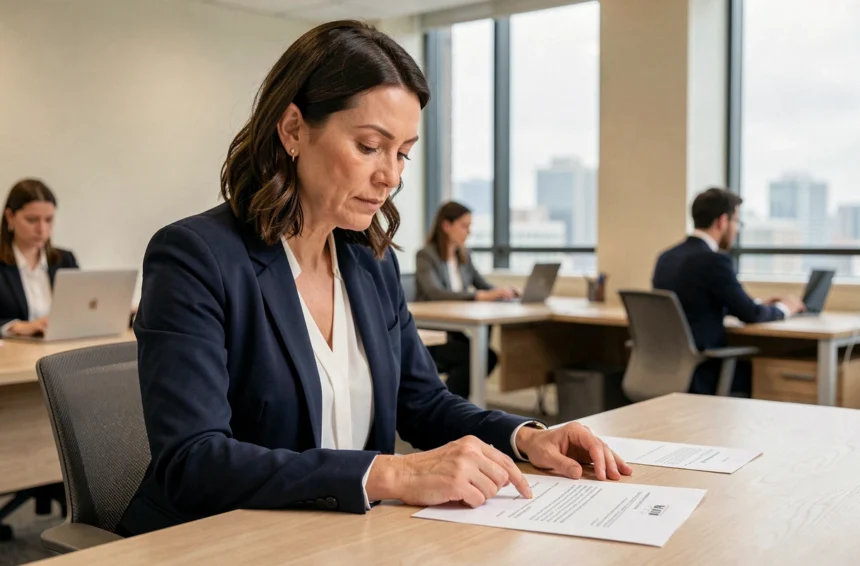 Femme professionnelle relisant une lettre formelle à son bureau dans un open-space moderne, illustrant les formules de politesse correctes en correspondance d'entreprise