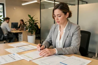 Femme professionnelle consultant un planning mensuel et des fiches horaires sur un bureau en bois dans un open space moderne