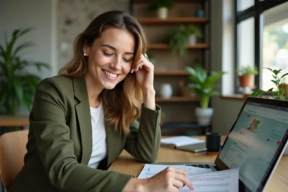 Femme consultant des offres d'emploi dans le secteur écologique sur un ordinateur portable dans un espace de coworking eco-responsable