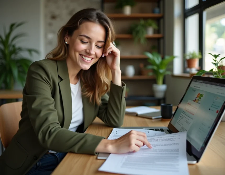 Femme consultant des offres d'emploi dans le secteur écologique sur un ordinateur portable dans un espace de coworking eco-responsable