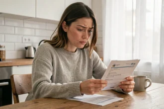 Femme consultant son relevé de compte bancaire à la table de cuisine pour comprendre la mention FRANCILIANE
