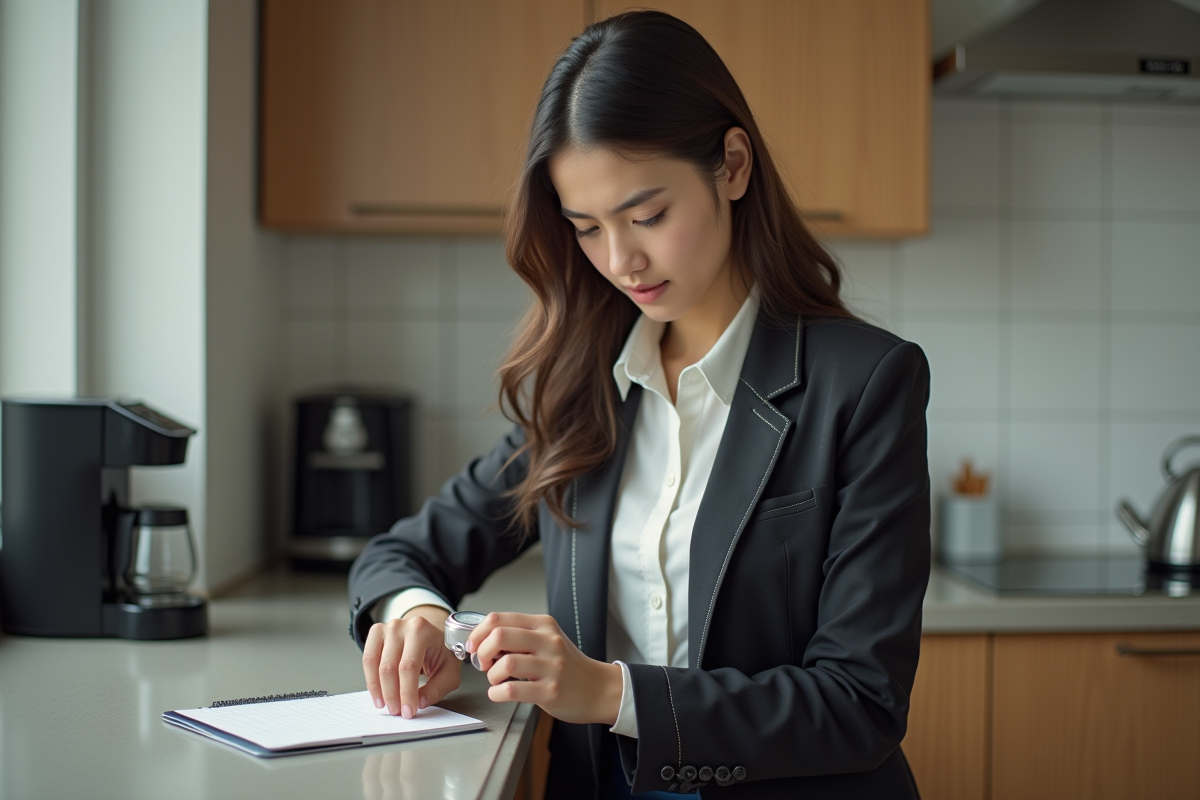 Jeune femme professionnelle vérifiant sa montre