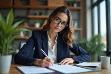 Femme professionnelle signant un contrat au bureau