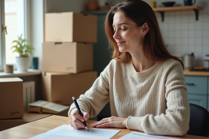 Femme signant une lettre de licenciement dans sa cuisine