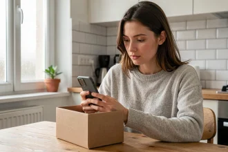 Jeune femme examinant un smartphone reconditionné acheté sur BackMarket dans une cuisine moderne