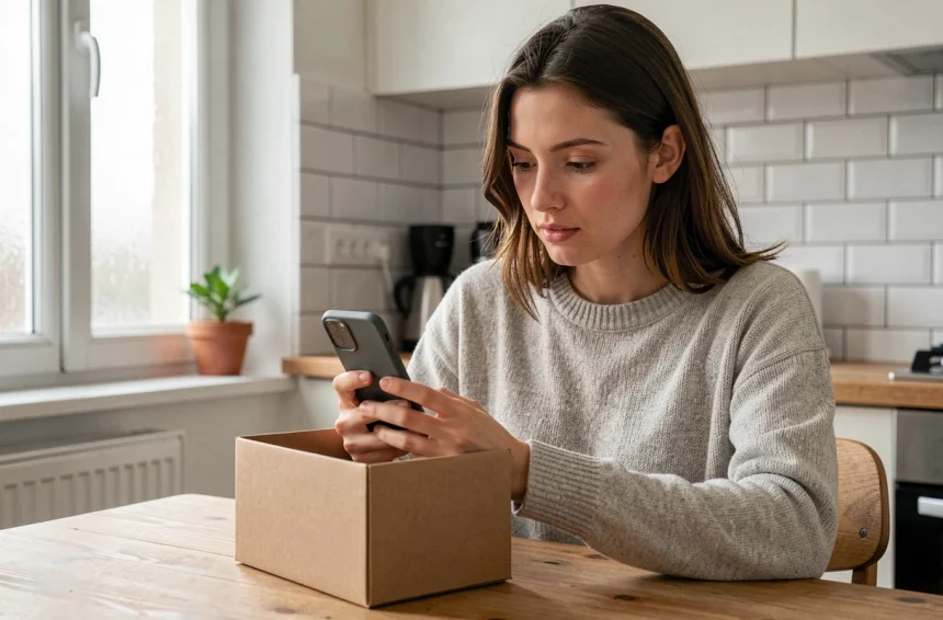 Jeune femme examinant un smartphone reconditionné acheté sur BackMarket dans une cuisine moderne