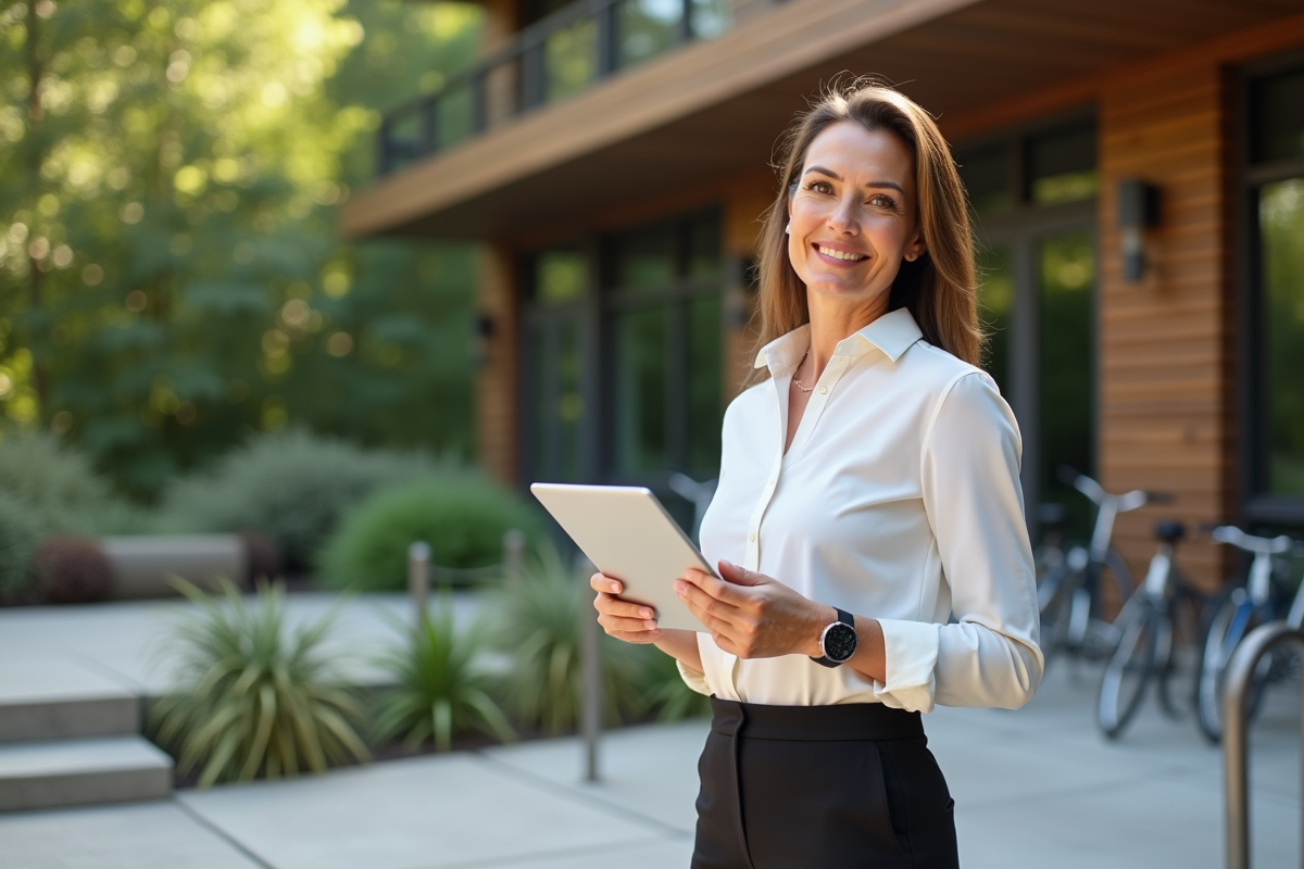 Femme souriante devant un bâtiment écologique en extérieur
