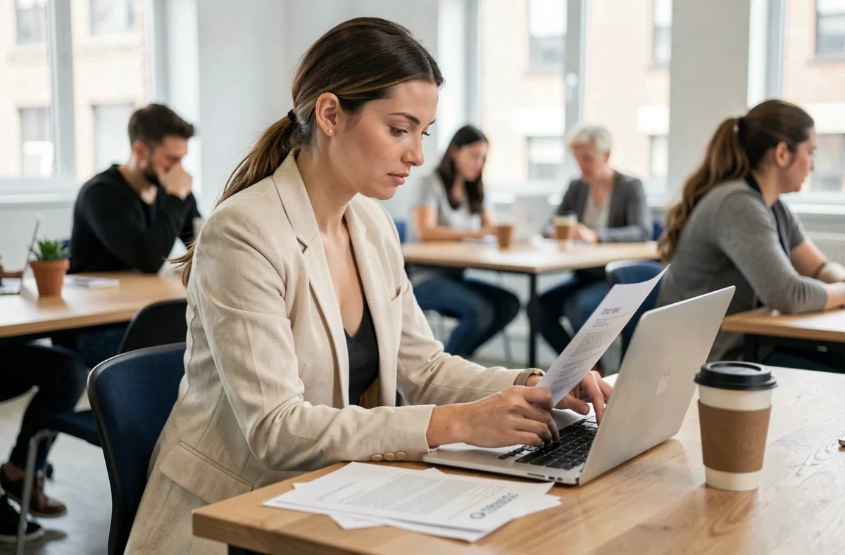 Femme professionnelle concentrée travaillant dans un espace de coworking à Colombes