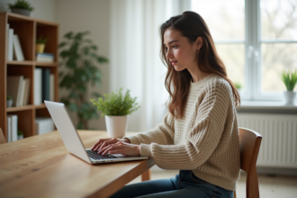 Jeune femme travaillant sur son ordinateur dans un espace moderne