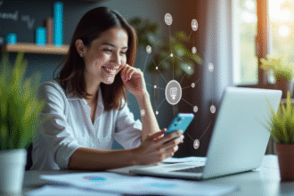 Jeune femme professionnelle souriante utilisant son ordinateur et smartphone