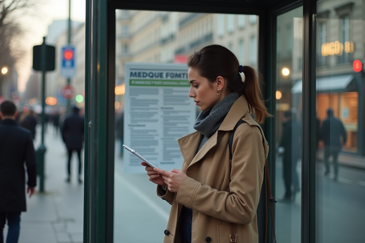Jeune femme en trench coat lisant un avis d urgence à un arrêt de bus