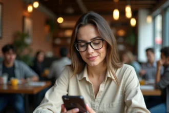 Jeune femme utilisant une application de marketplace sur smartphone dans un café urbain