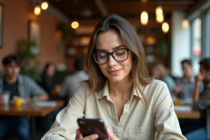 Jeune femme utilisant une application de marketplace sur smartphone dans un café urbain