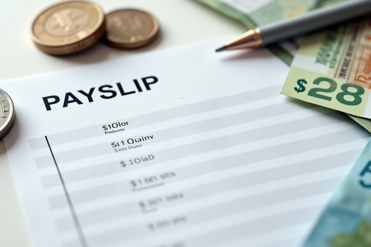 Fiche de paie avec billets et pièces d euro sur une table blanche