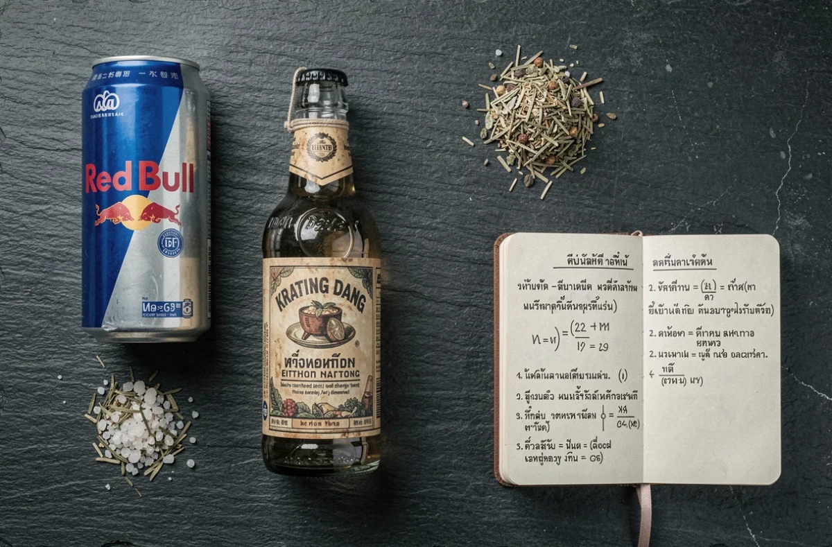 Flat lay comparant une canette Red Bull moderne et une bouteille vintage Krating Daeng avec des ingrédients d'origine pour illustrer l'évolution de la marque