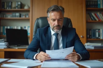 Fonctionnaire masculin dans un bureau administratif examinant des fiches de paie liées à l'augmentation des salaires en 2026