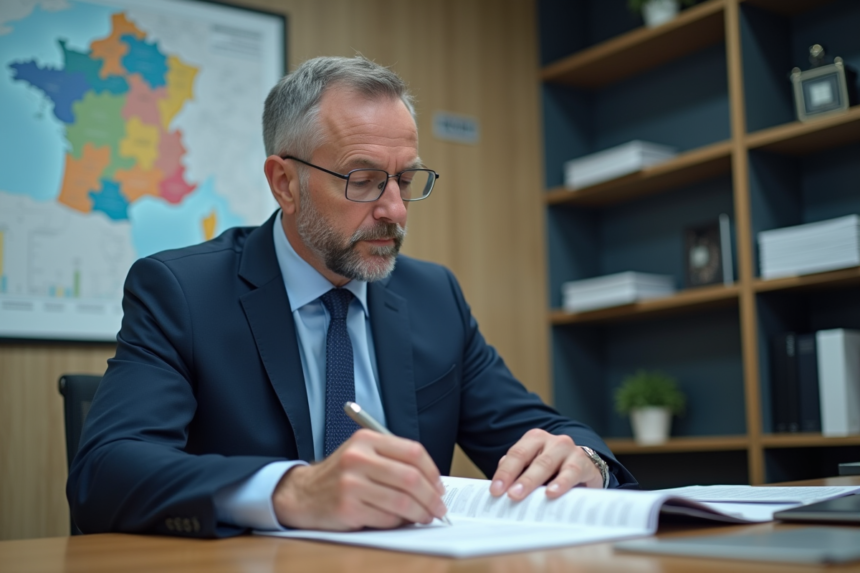 Homme fonctionnaire en costume lisant un dossier dans un bureau municipal