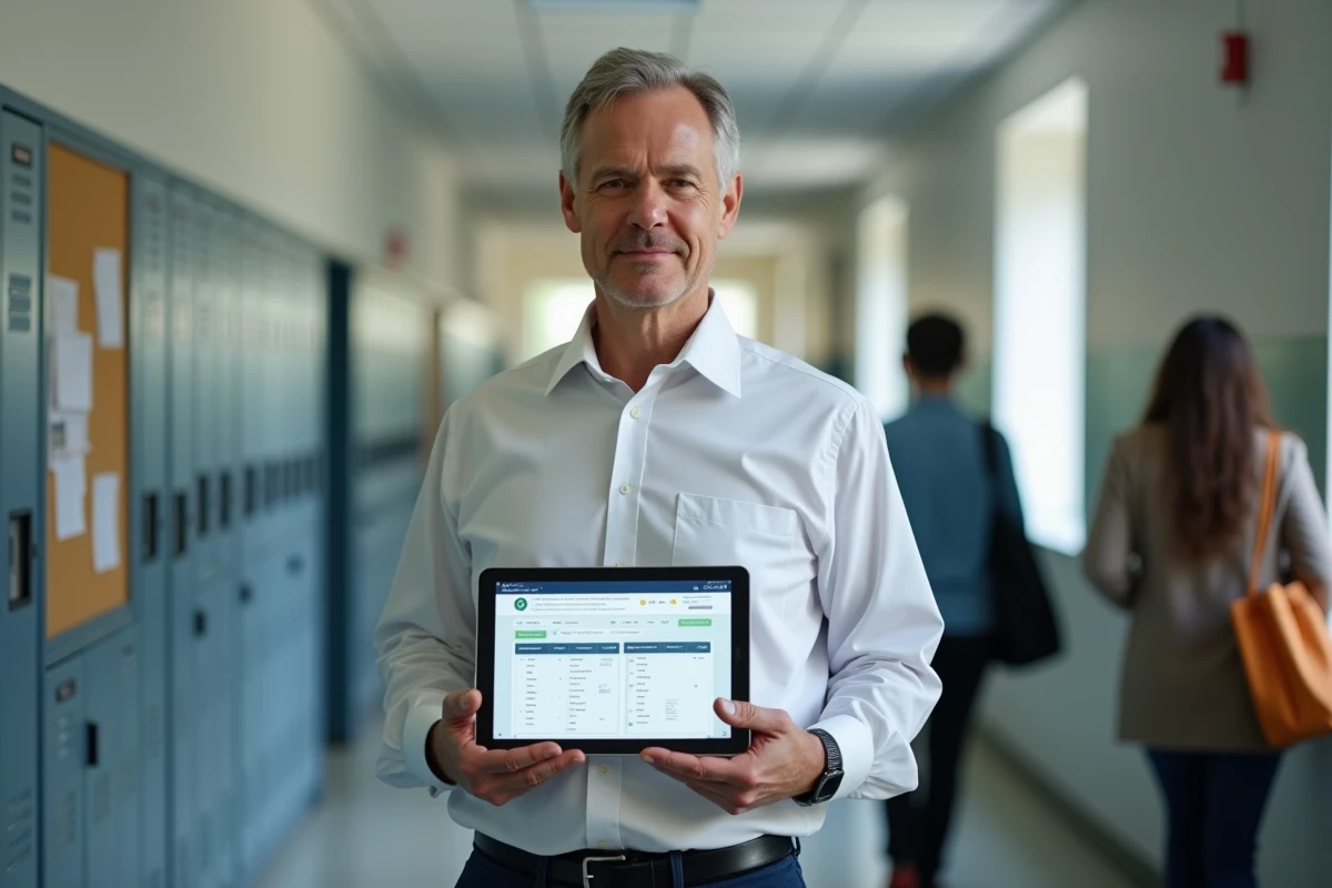 Formateur MFR consultant l'intranet sur une tablette dans un couloir d'établissement scolaire